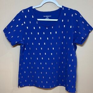 Allison Daley Royal Blue Tee with Gold Metallic Pineapple Print, LP